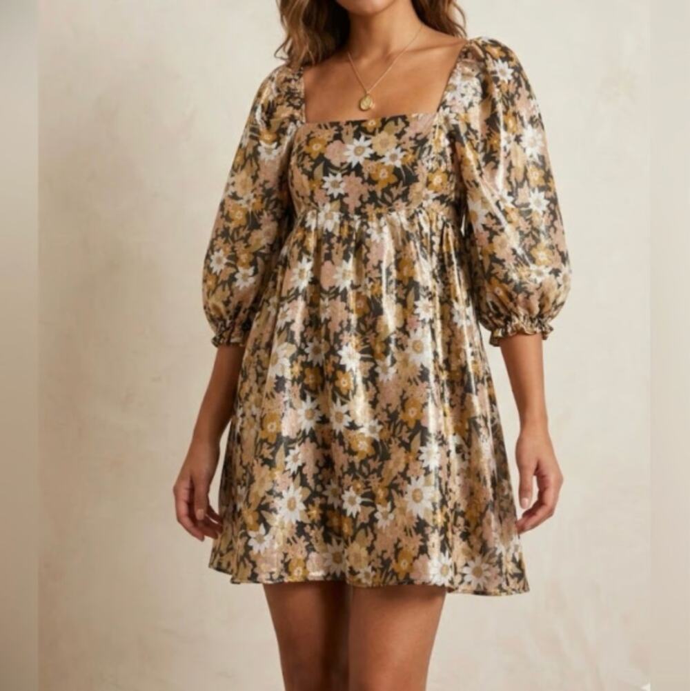 NEW STORIA Black Peach White Floral Puff Sleeve $148 Mini Babydoll Dress L